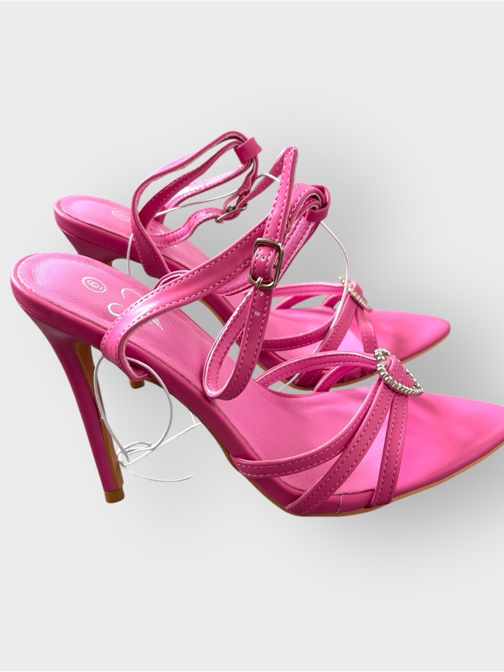 Windsor Pink Pointed Toe Strappy Heart Rhinestone High Heels - Ankle Strap